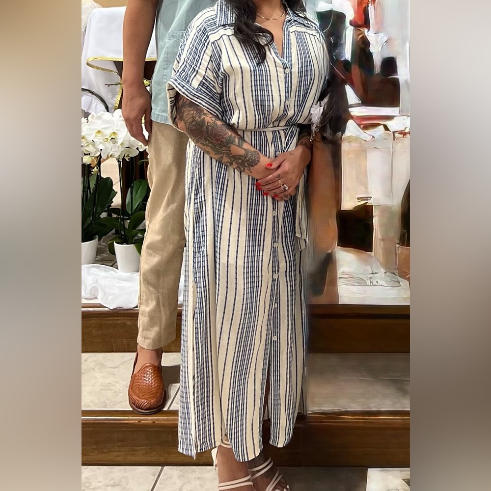 Striped Button-Up Belted Dress